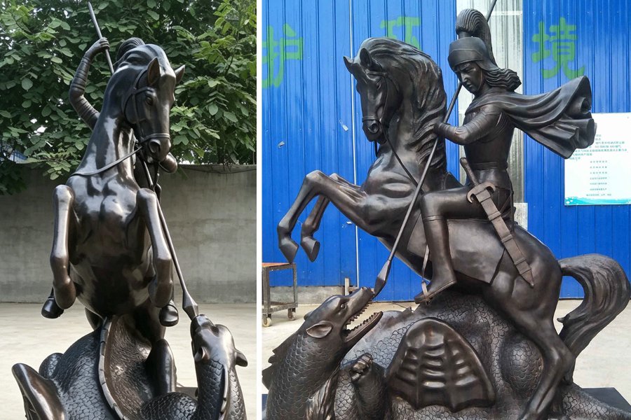 Bronze sculpture featuring a knight on a rearing horse slaying a dragon, with intricate detailing and dynamic poses.