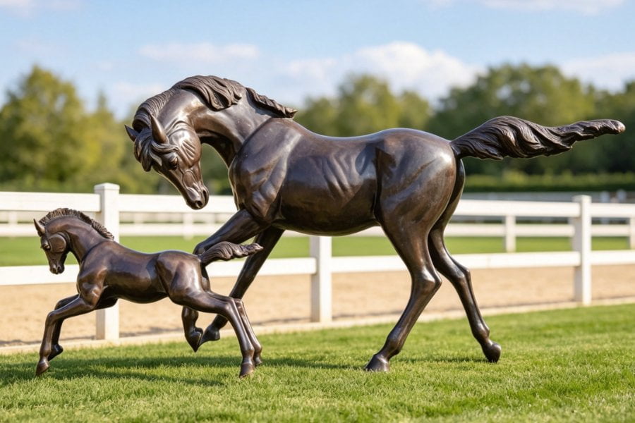 Ranch with mare and foal bronze statue