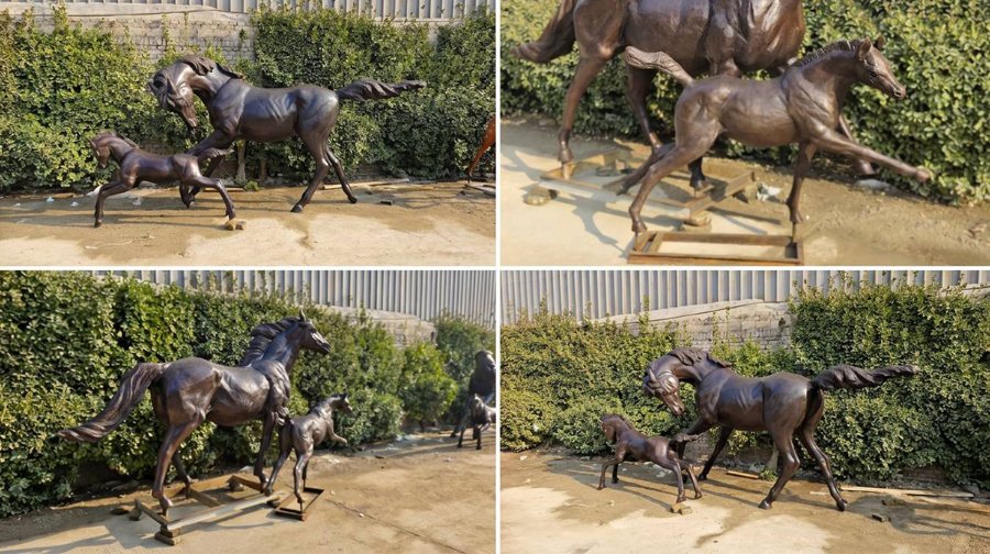 Four views of bronze mother horse and foal sculptures displayed outdoors against greenery and a rustic background.