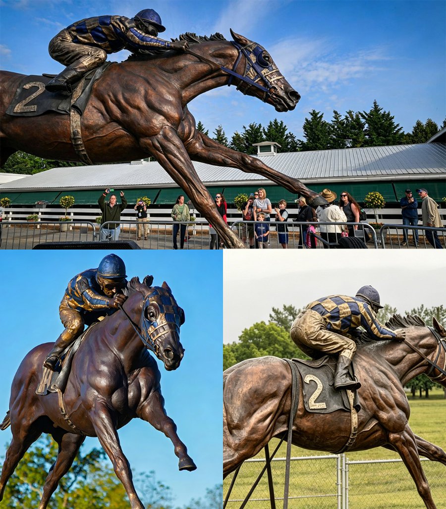 A detailed bronze sculpture of a racehorse and jockey in motion, showcased in three angles, with spectators and outdoor settings.