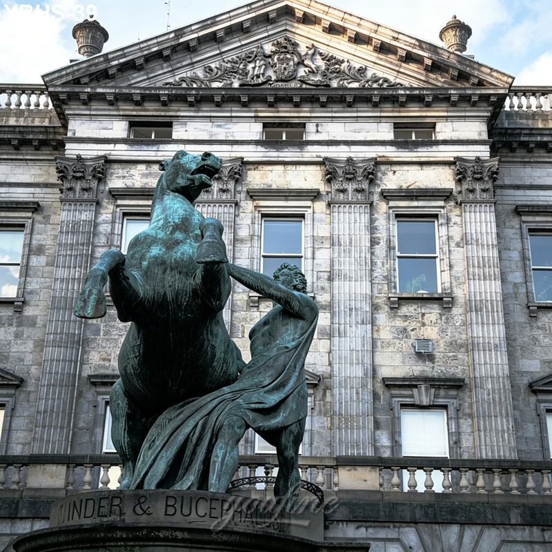 Bronze statue of a rearing horse and a figure in flowing robes, placed in front of a classical stone building with columns and intricate carvings.