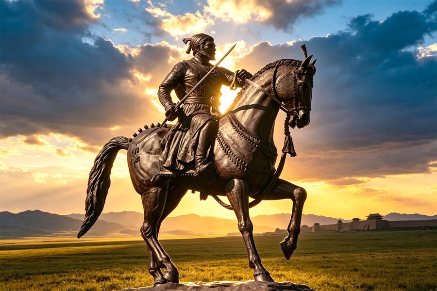 Bronze statue of a warrior on horseback, holding a sword, with a dramatic sunset and sprawling landscape in the background.