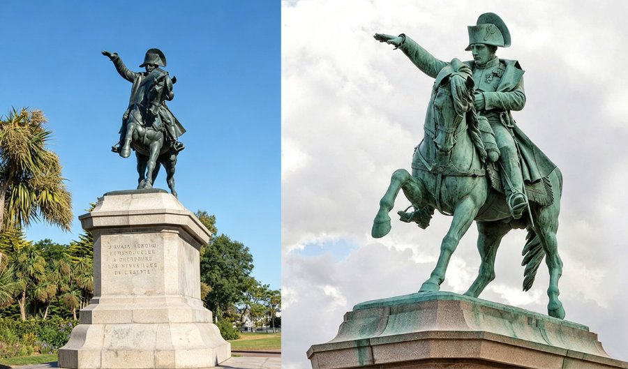 A bronze equestrian statue depicting a historical figure on horseback, mounted on a stone pedestal, set against outdoor landscapes.