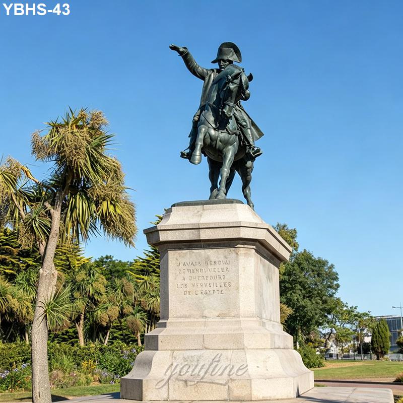 A bronze equestrian statue of a historical figure atop a horse, mounted on a marble pedestal, surrounded by palm trees and greenery in an outdoor setting.