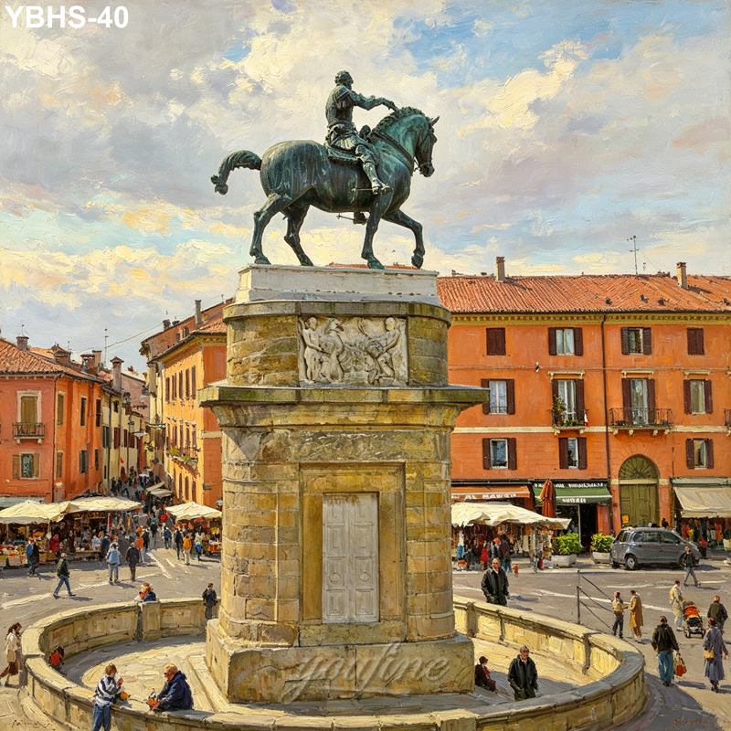 A bronze equestrian statue on a pedestal in a vibrant Italian square with orange-toned buildings, market stalls, and people nearby.