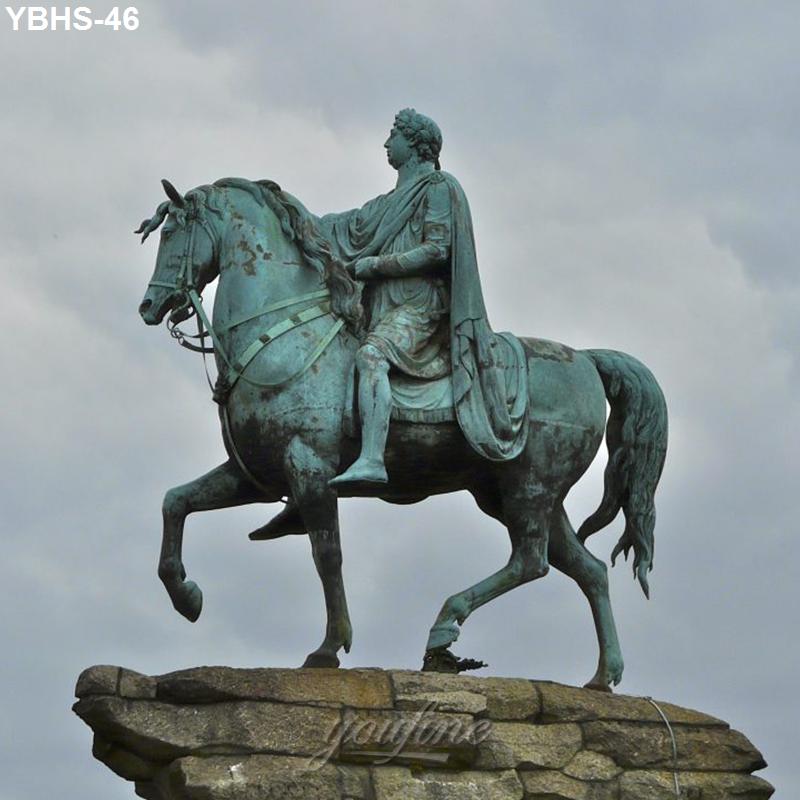 Bronze equestrian statue depicting a man in detailed attire riding a horse, set on a stone pedestal against a cloudy sky.