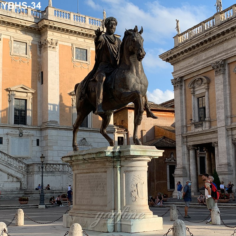 A bronze equestrian statue on a tall marble pedestal in an elegant historical plaza with classical architecture in the background.