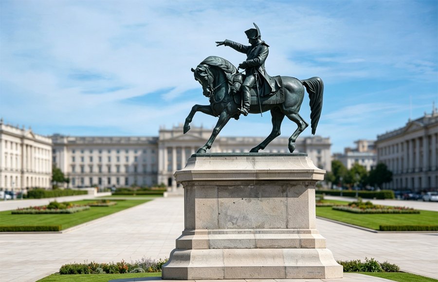 Bronze equestrian statue of a historical figure on horseback, pointing forward, in a grand plaza surrounded by neoclassical buildings and manicured gardens.