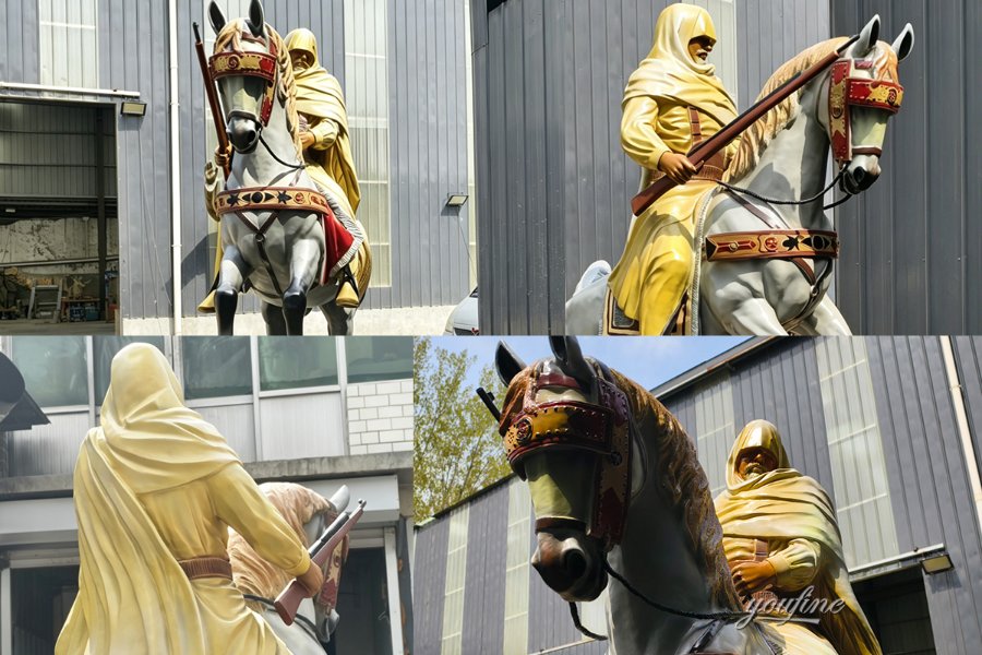 Sculpture of a figure in golden robes riding an ornate white horse. The detailed design includes intricate reins, saddle, and rich colors.