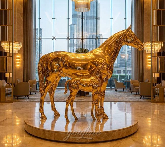 Large-scale polished gold bronze horse sculpture in the lobby of a luxury hotel in Dubai
