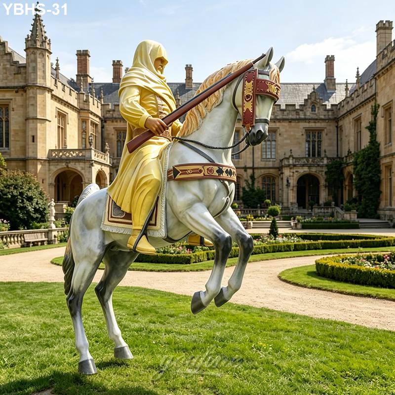 A striking bronze horse statue featuring a golden-robed figure holding a staff. Set in a manicured estate garden with a stately castle in the background.
