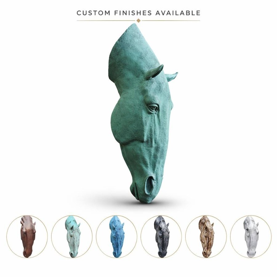 Bronze horse head sculpture in green patina finish with custom finish options shown in various colors below.
