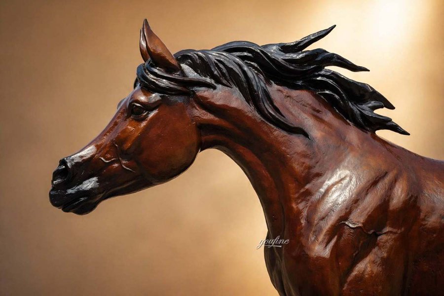 A bronze Arabian horse head sculpture showcasing fine details, flowing mane, and realistic textures against a beige gradient background.