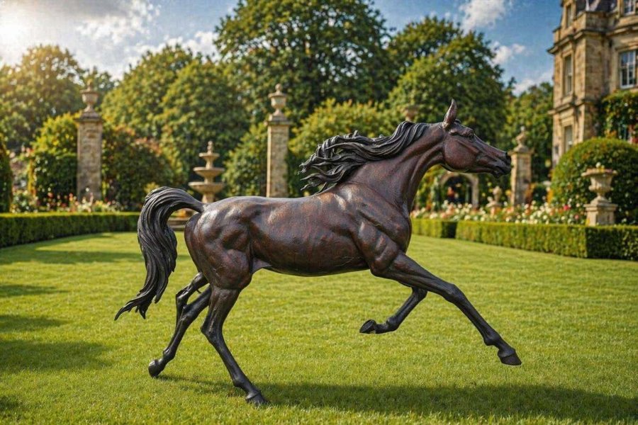 Elegant bronze Arabian horse sculpture in mid-stride, displayed in a lush green garden with a castle and ornate fountains in the background.