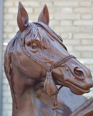 Facial detail precision on bronze horse head sculpture -- eye and nostril close-up