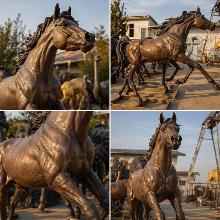 A detailed bronze Arabian horse sculpture depicted in various angles, showcasing its dynamic pose, muscular build, and expressive face in an outdoor setting.