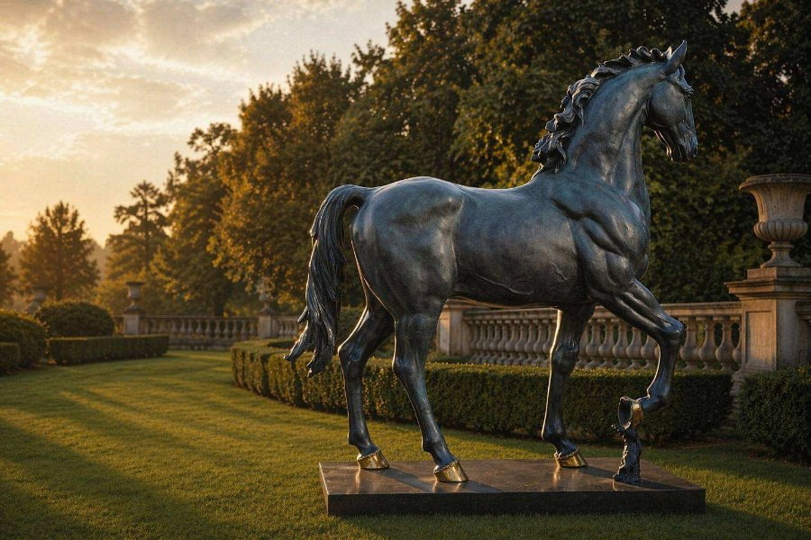 Large bronze horse sculpture standing majestically on a pedestal in a manicured garden with trees and sunlight in the background.