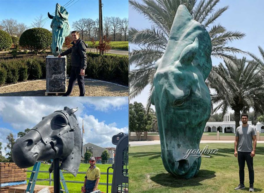A composite image of multiple outdoor bronze horse-head sculptures in various sizes; custom sizes are available