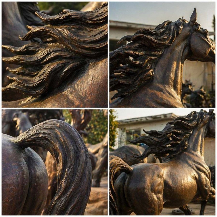 Close-up details of a bronze Arabian horse statue showcasing flowing mane, tail, and muscular body with intricate craftsmanship.