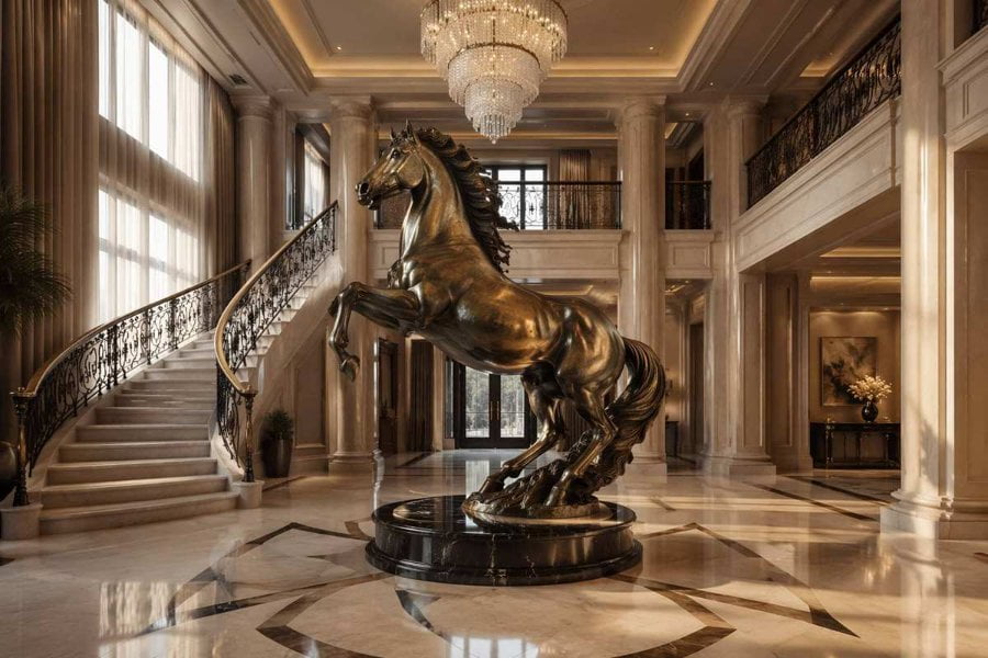 Life-size bronze horse sculpture displayed as the centerpiece in a luxury double-height entrance foyer with marble staircase and crystal chandelier