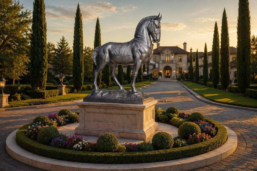 Dark bronze horse sculpture on tall pedestal at circular estate driveway roundabout with mansion backdrop