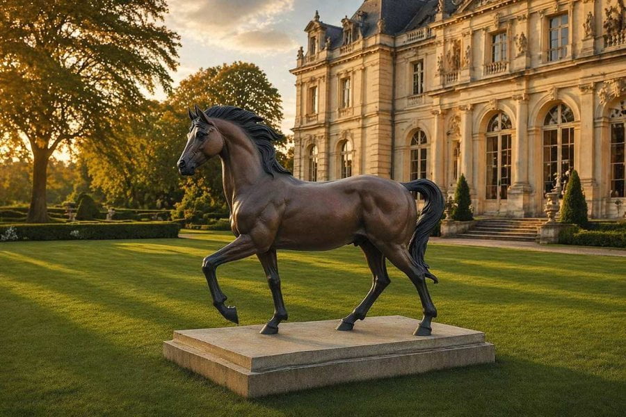 Life-size dark brown horse sculpture displayed as a centerpiece on a stone plinth in a manicured estate lawn at golden hour