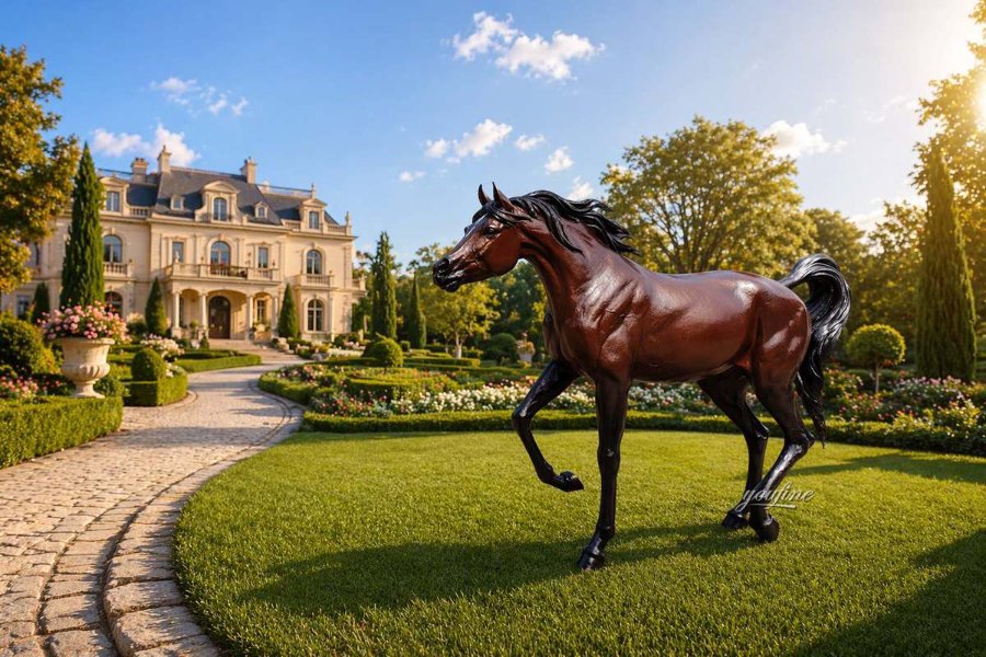 Bronze Arabian horse statue in a landscaped manor garden with cobblestone paths, flower beds, and a grand estate in the background under sunlight.