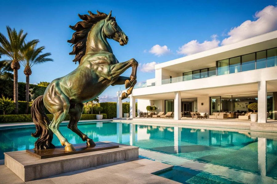 Majestic bronze horse statue rearing on a pedestal, displayed beside a luxurious modern estate with palm trees and a sparkling pool.