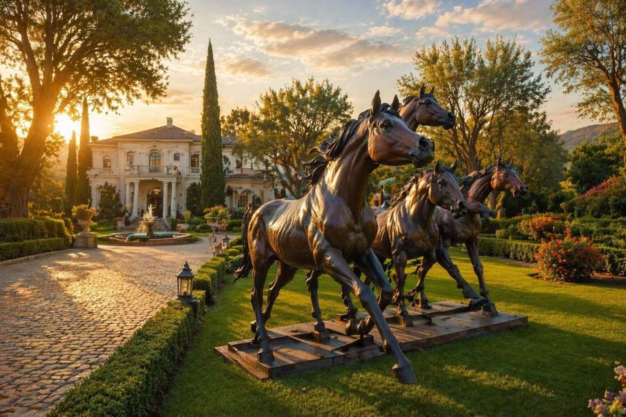 A group of dynamic bronze Arabian horse sculptures displayed on manicured grass near a luxury mansion entrance, surrounded by lush gardens.