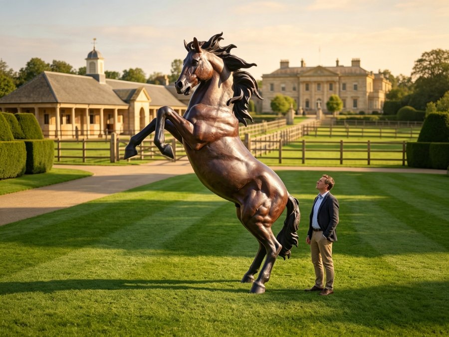 A large bronze sculpture of a rearing horse on a manicured estate lawn with a man standing beside it, a grand manor and stables in the background.