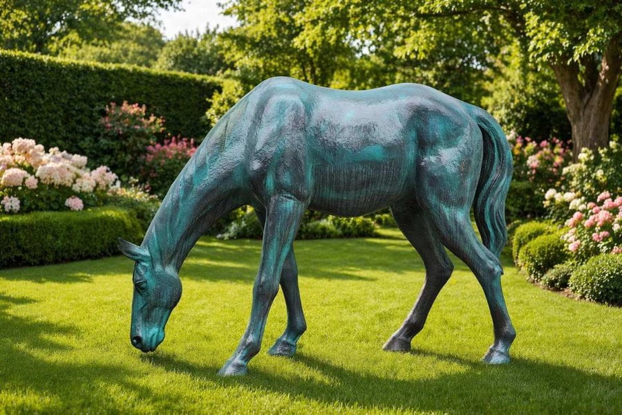 Verdigris bronze horse sculpture grazing on lush green lawn in a private garden landscape design