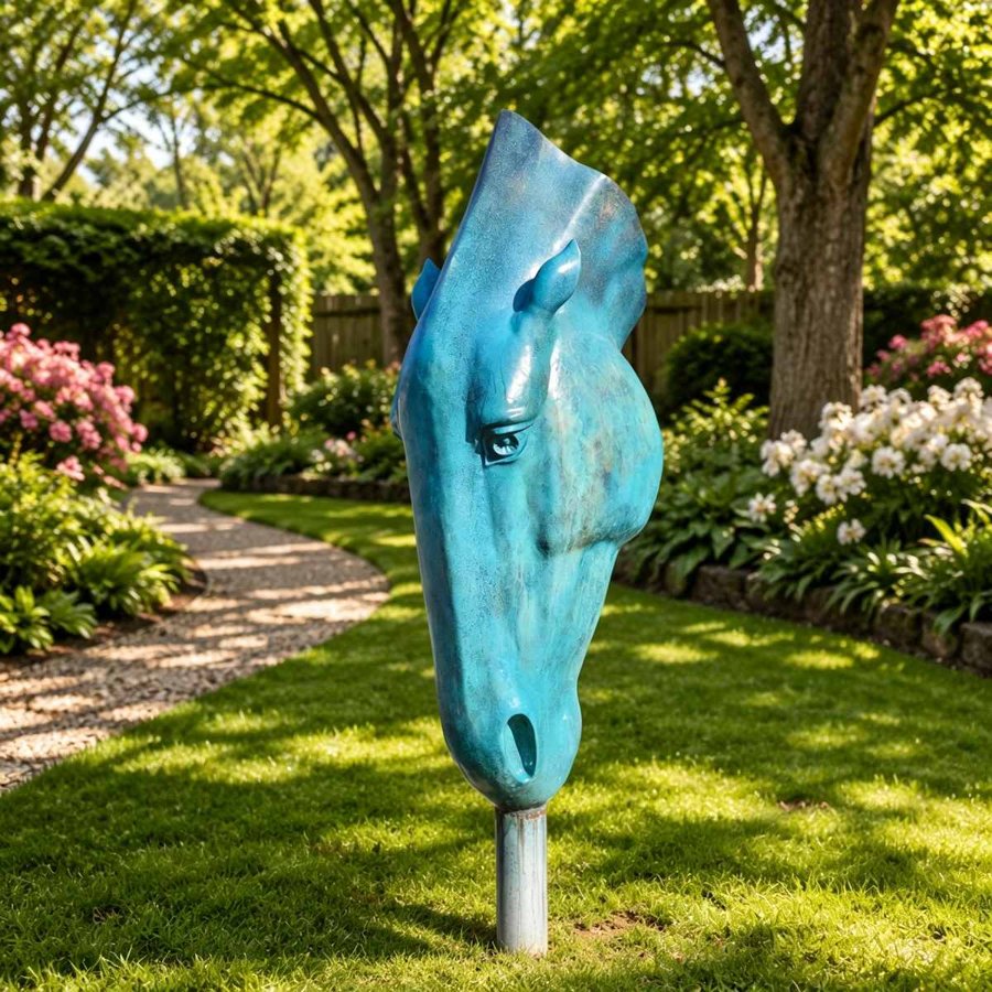 A turquoise horse head sculpture displayed on a metal post in a lush garden with blooming flowers and a stone pathway under tree shade.