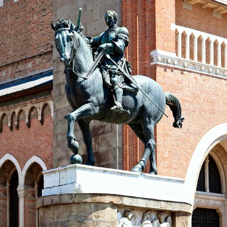 A detailed bronze equestrian Gattamelata statue of a rider in armor on horseback, set before a historic Italian red brick building with arched windows.