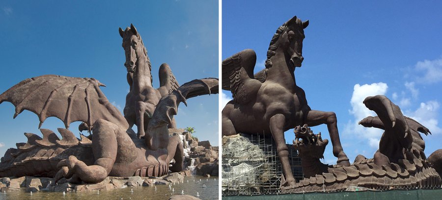 Two views of a large bronze Pegasus horse and dragon sculpture, showcasing intricate details like dragon wings and rearing horse posture.