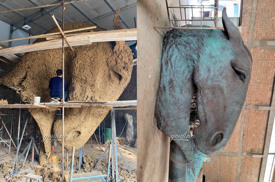 Side-by-side images showing the creation of a bronze horse head sculpture: on the left, a clay model in progress with an artist at work, and on the right, the finished bronze sculpture with patina.