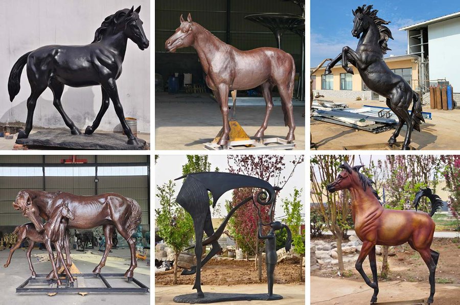 A gallery showcasing six bronze horse sculptures, each with unique designs and poses, displayed indoors and outdoors.