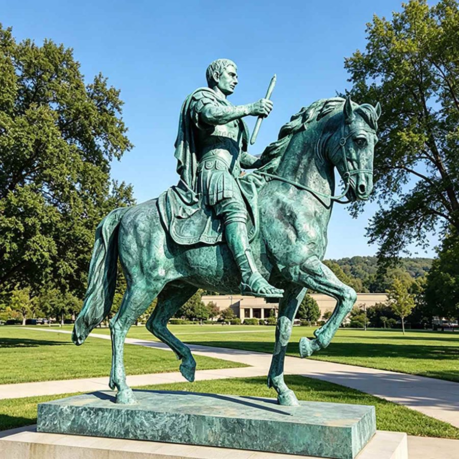 Bronze statue of a horseman holding a baton, mounted on a rearing horse, set in a park with trees and a clear blue sky.