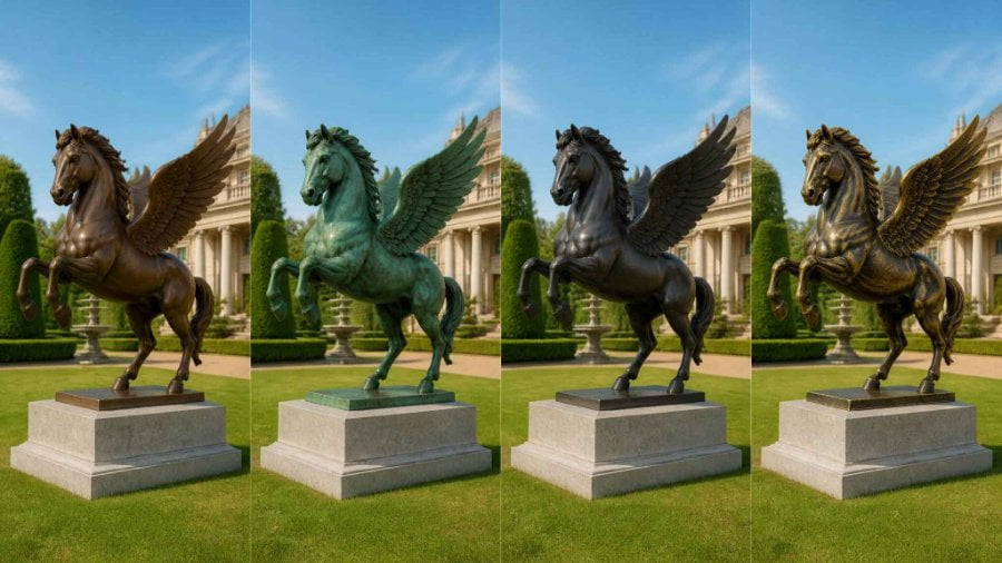 Bronze Pegasus patina finish options including classic brown and antique green