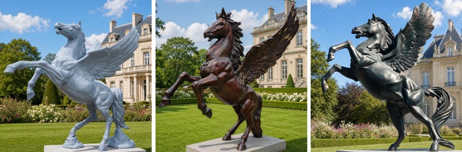 Three Pegasus sculptures—white, bronze, and dark bronze—rearing in a castle garden, showcasing wings and strength.