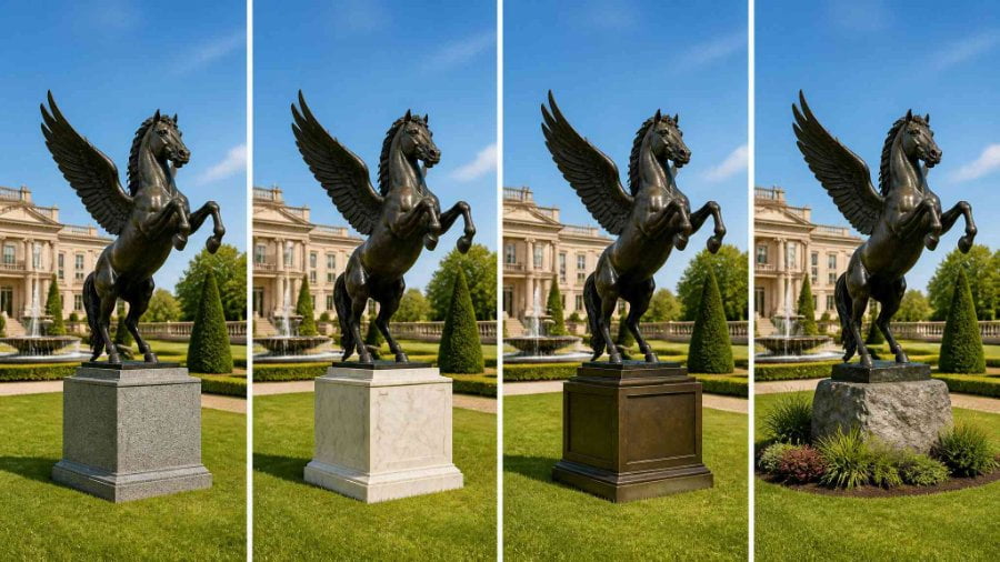 Bronze Pegasus base options including granite, marble, and bronze plinth