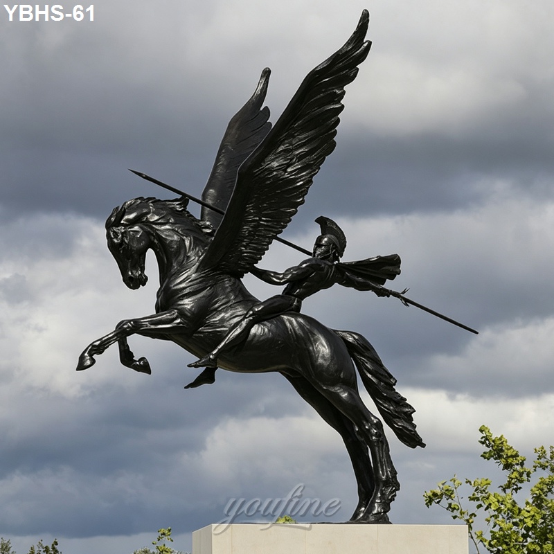 Bronze sculpture of a Pegasus with spread wings, carrying a warrior holding a lance, against a cloudy sky backdrop.