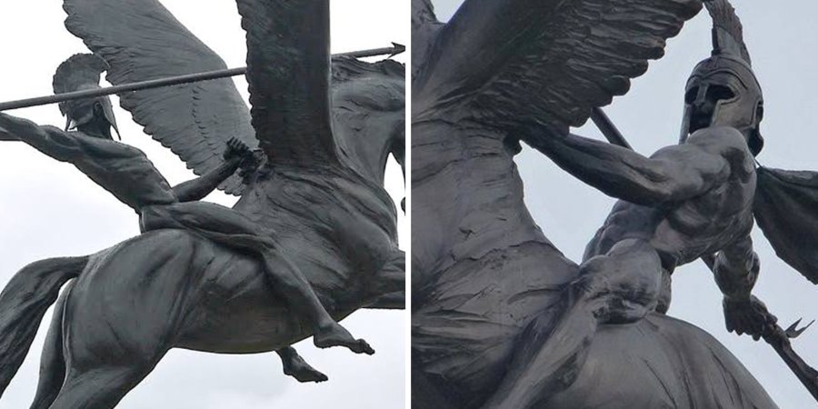 Bronze sculpture of a muscular warrior in a helmet riding a winged horse while holding a spear, showcasing dynamic movement.