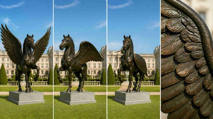 Bronze Pegasus wing options from fully spread to folded
