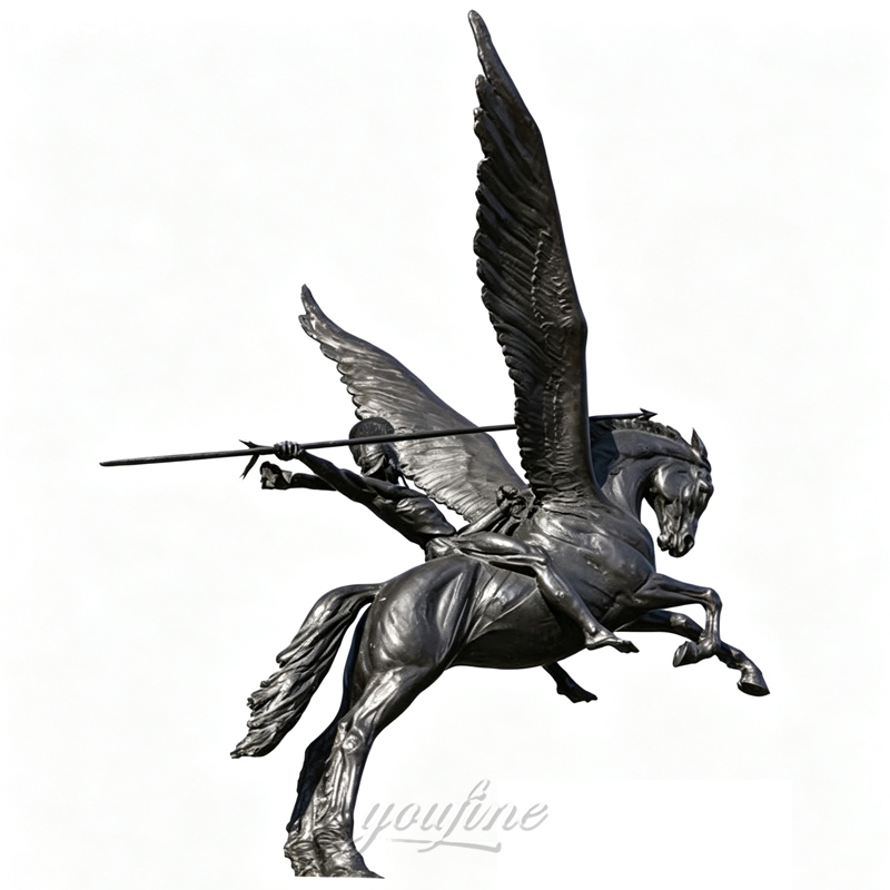 A detailed bronze statue depicting a winged horse and a warrior holding a spear, showcasing strength and artistic craftsmanship.