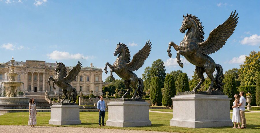 Three large bronze winged horse statues in different sizes, with people admiring them.