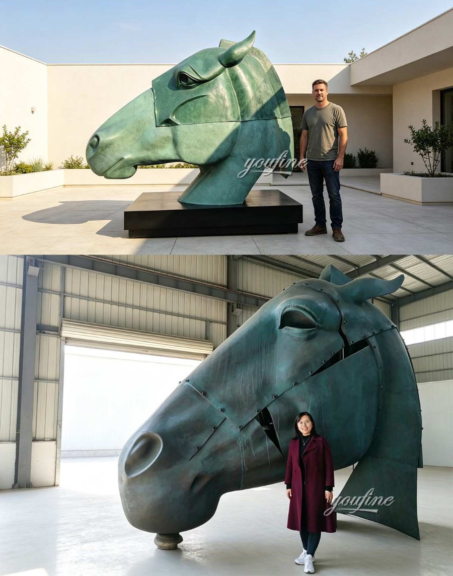 Two bronze horse-head sculptures of different sizes are displayed in different settings.