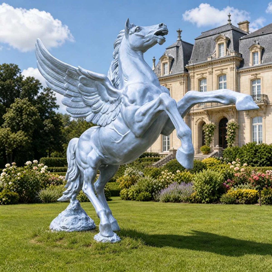 Large white winged horse sculpture rearing on hind legs in a manicured garden with a grand manor in the background.