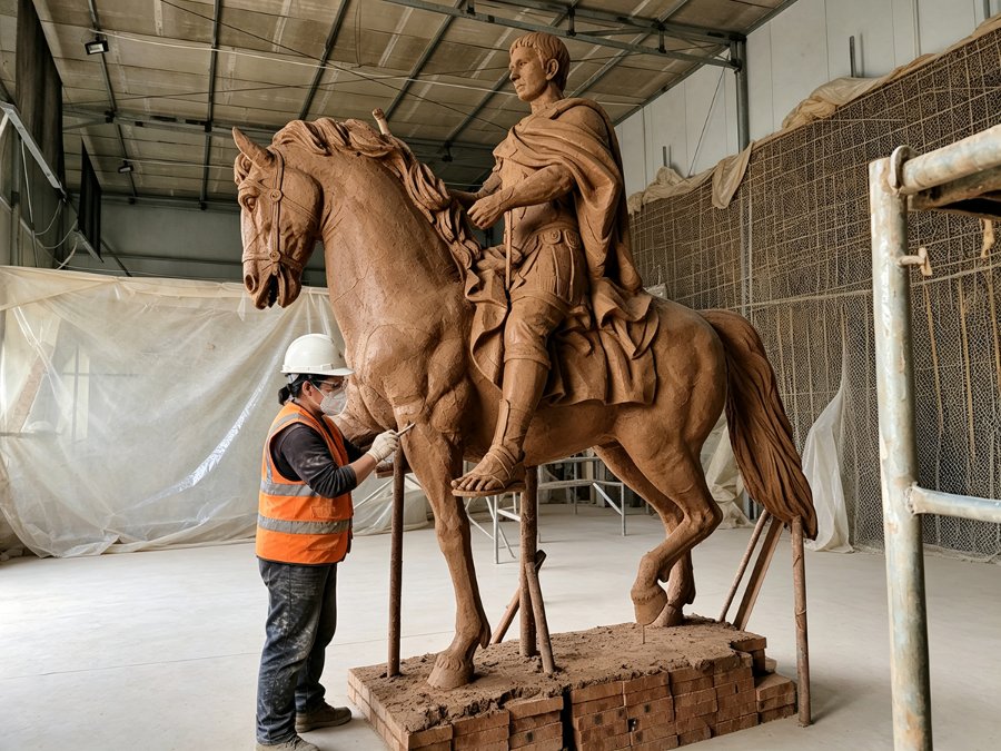 An artist wearing a safety helmet and vest works on a clay equestrian statue inside a spacious workshop.