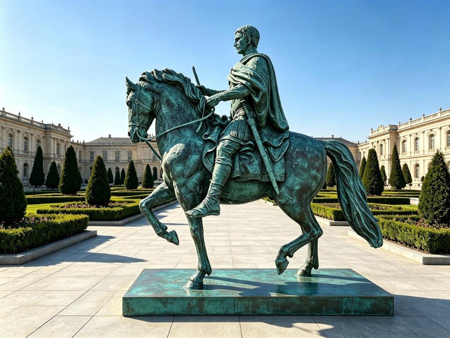 Majestic bronze equestrian statue of a historical figure in a decorative garden courtyard with trimmed hedges and classical architecture in the background.