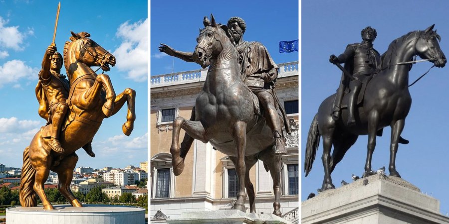Three bronze equestrian statues showcasing the state of horse hooves